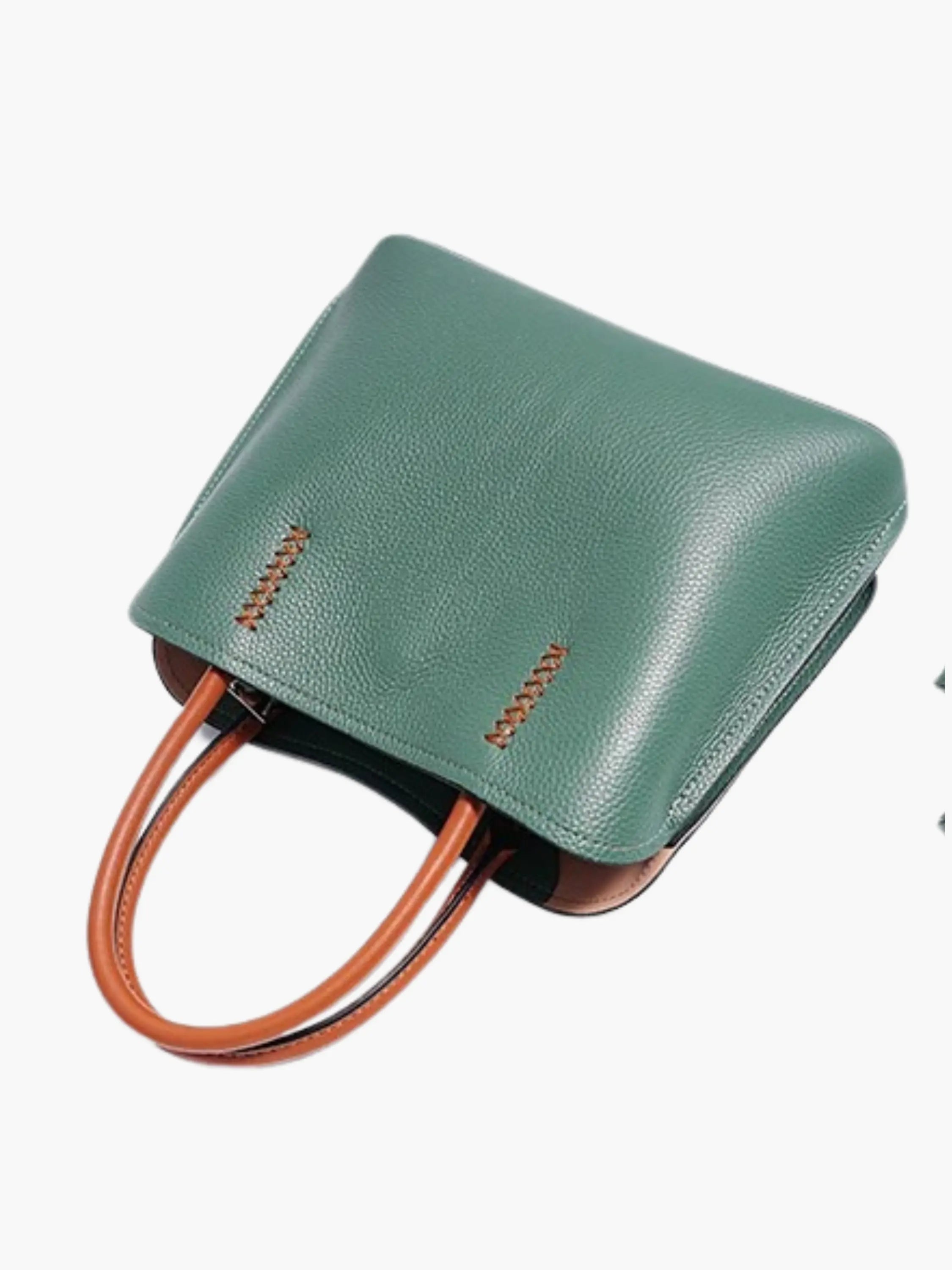 Green Handbag with Tan Handles and Shoulder Strap