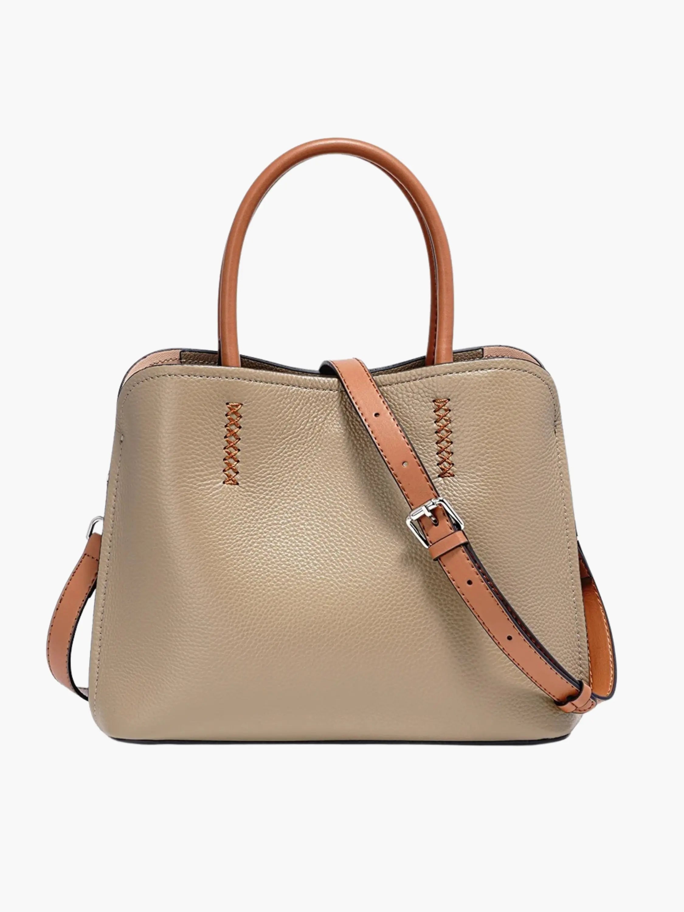 Green Handbag with Tan Handles and Shoulder Strap