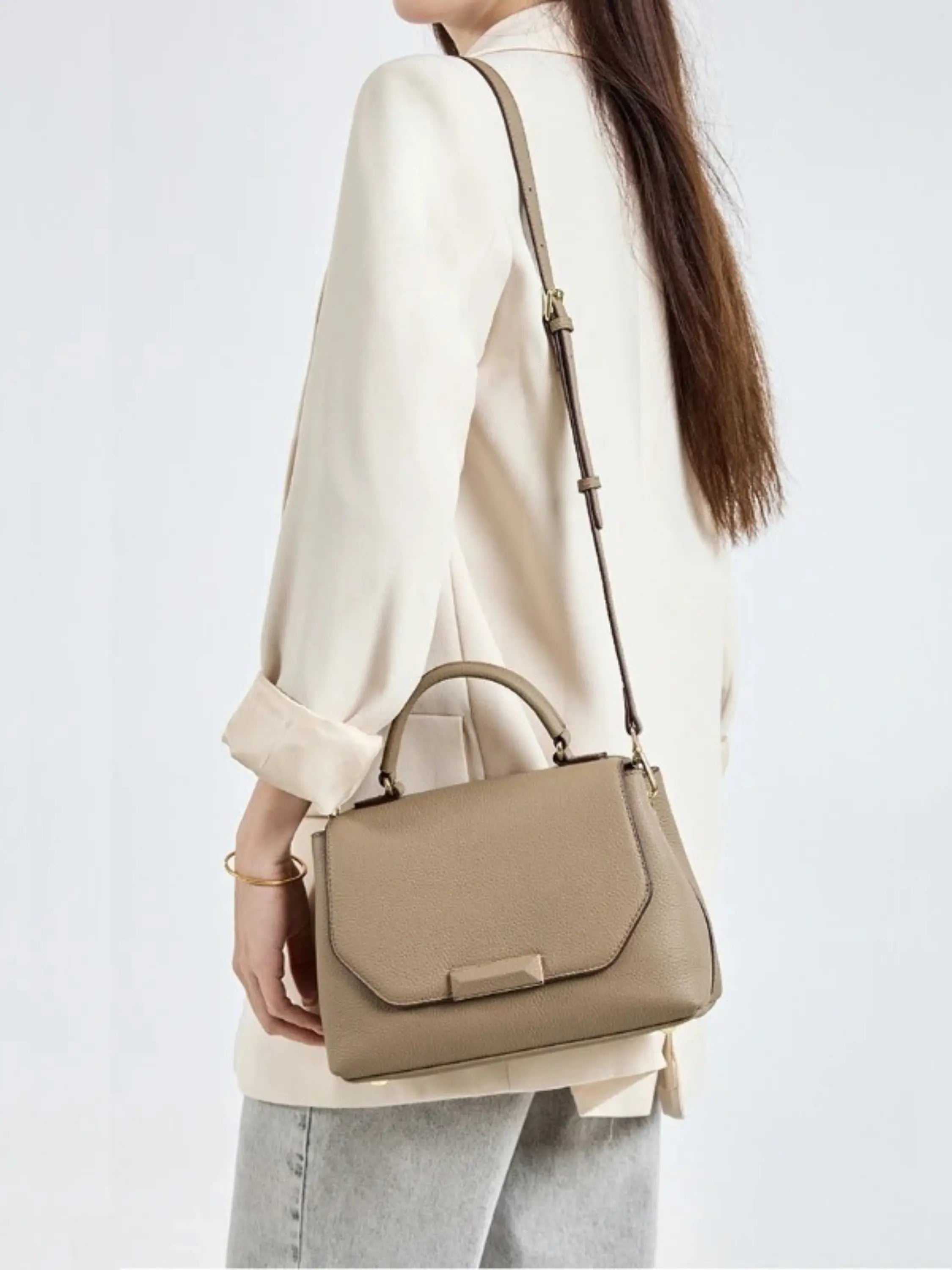 Taupe Structured Handbag with Geometric Detail