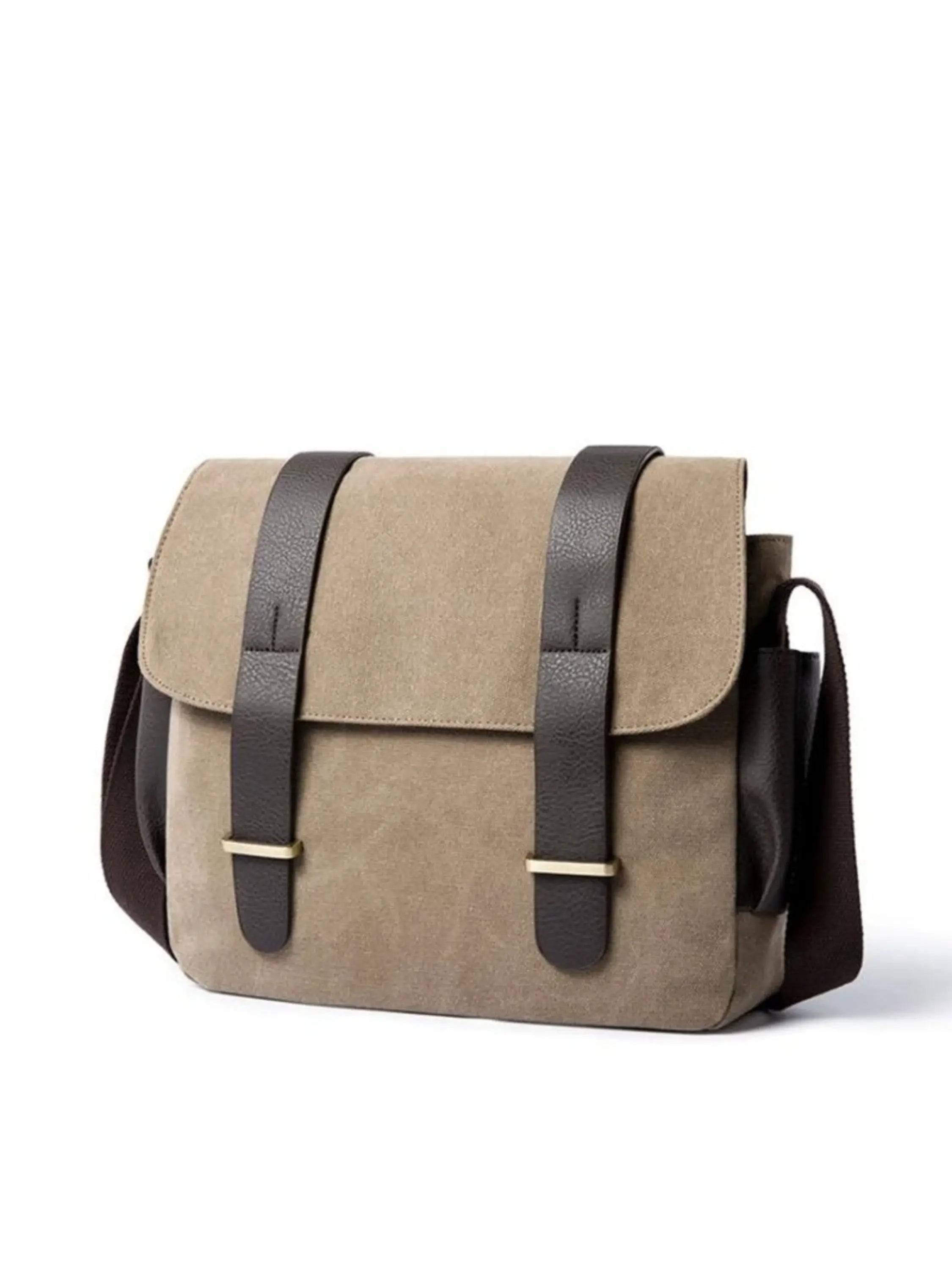 Beige Canvas Messenger Bag with Faux Leather Straps