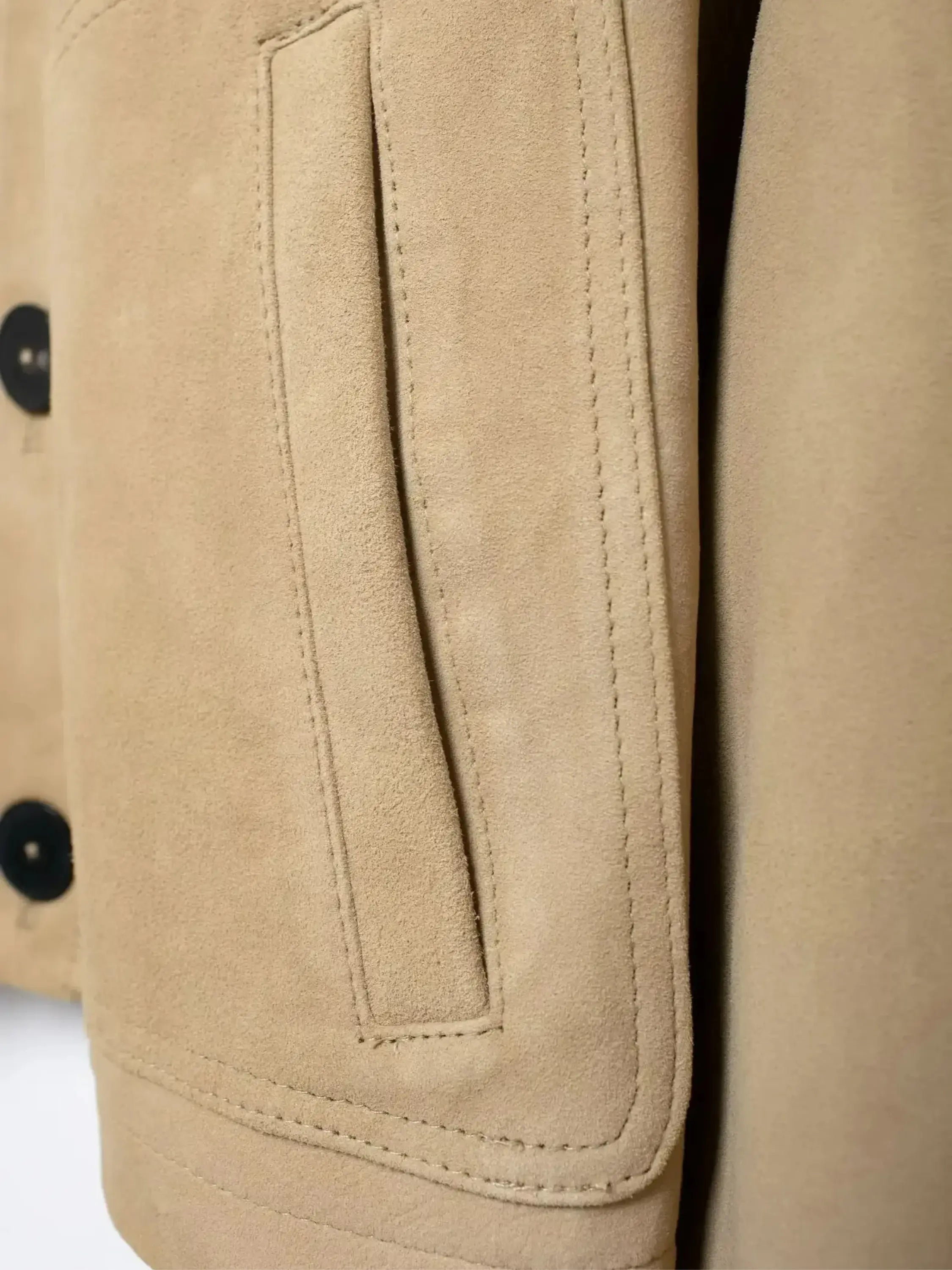 Classic Beige Suede Cropped Jacket with Button-Up Design