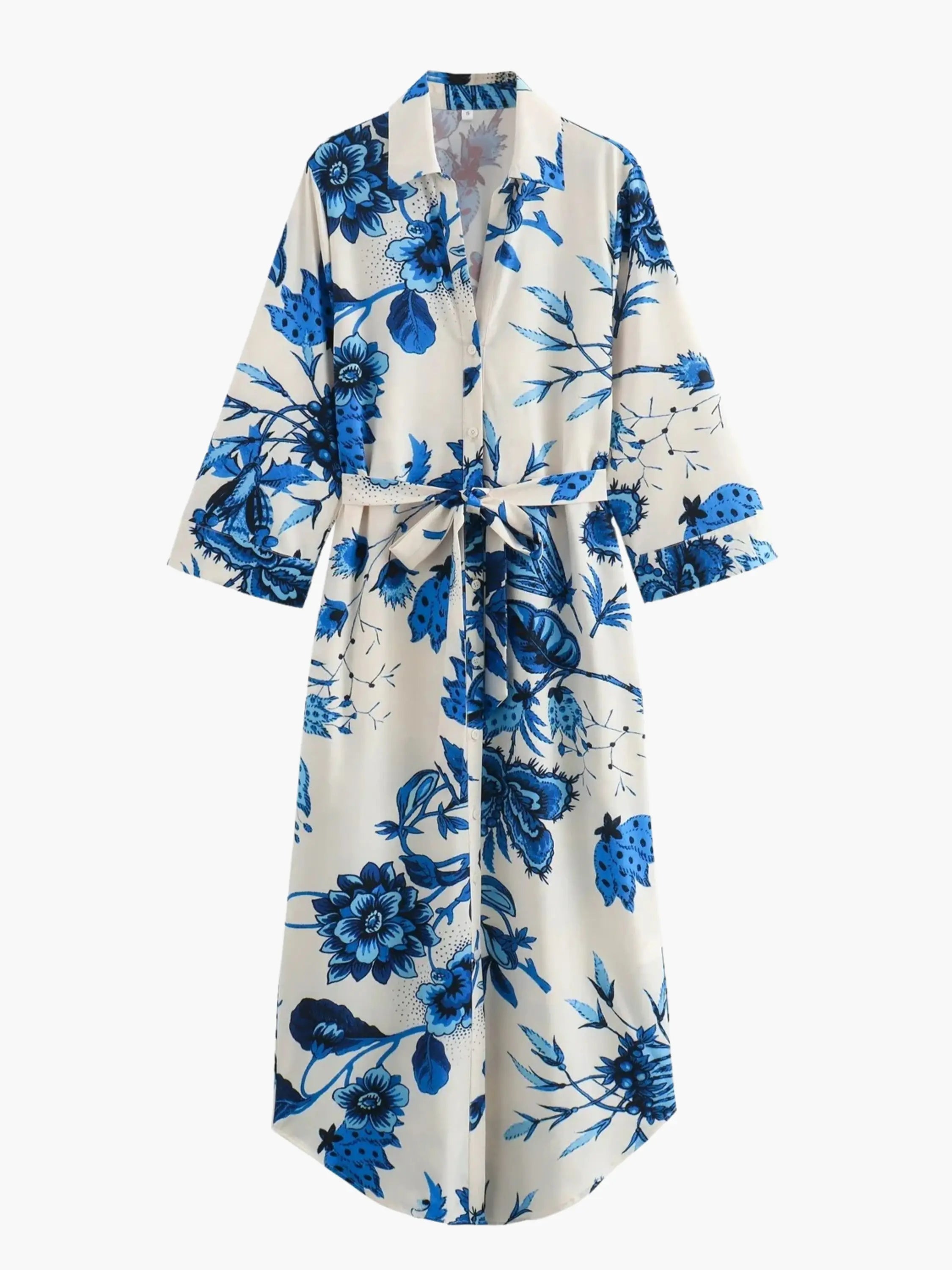 Blue Floral Print Dress with Tie Waist