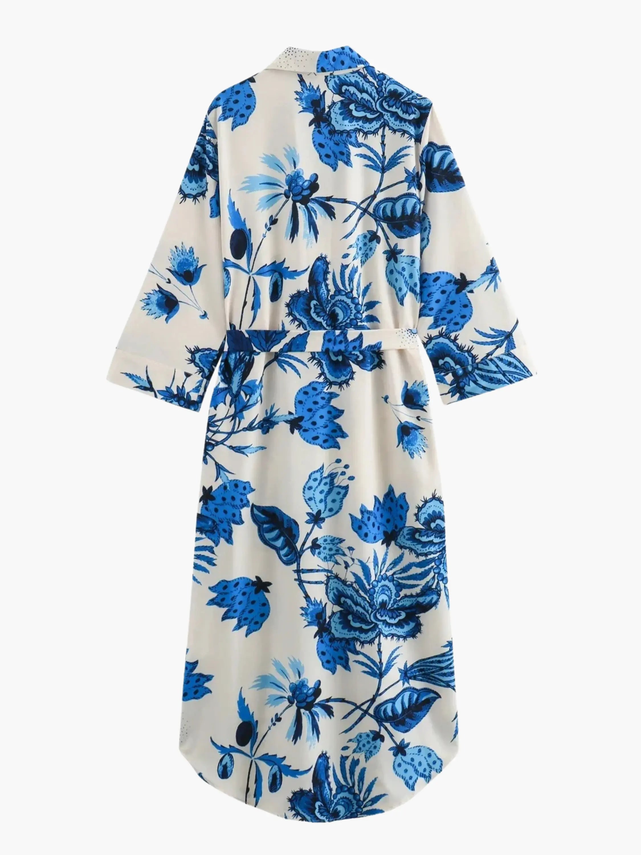 Blue Floral Print Dress with Tie Waist