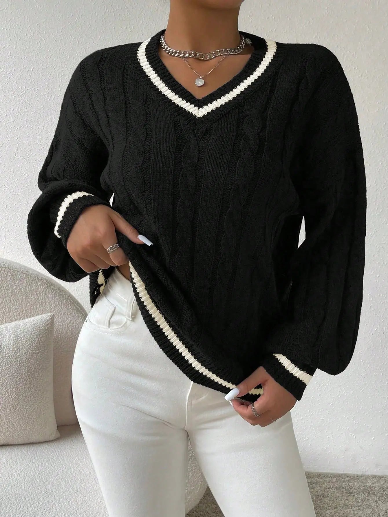 Freja | Striped Cable Knit Sweater with V Neck