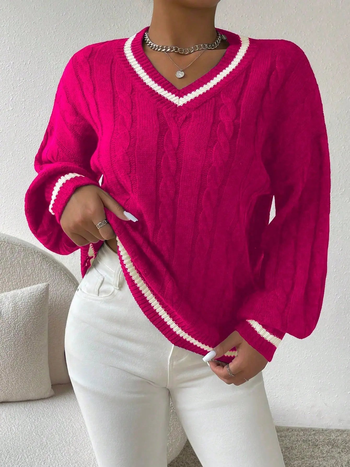 Freja | Striped Cable Knit Sweater with V Neck