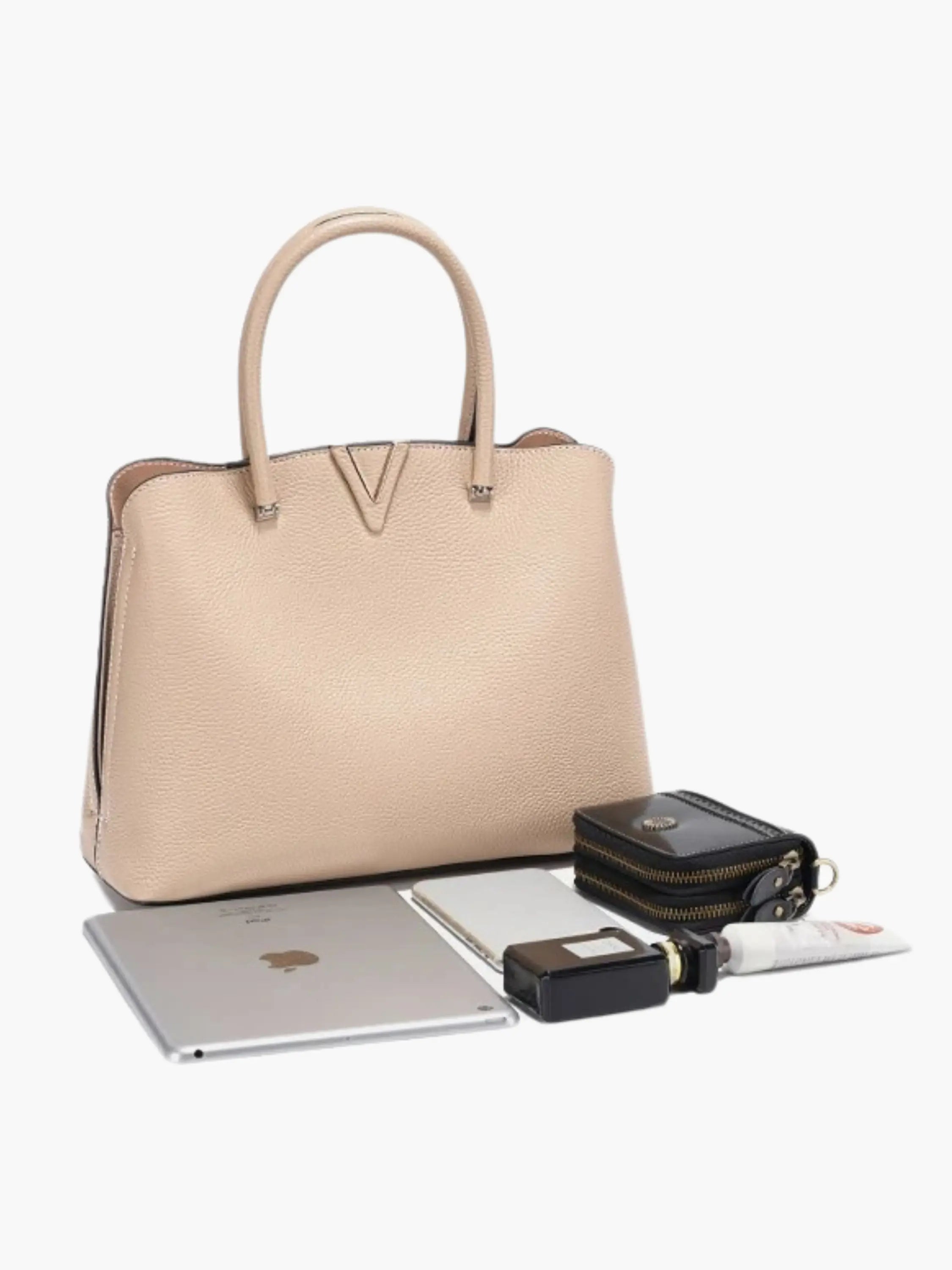 Beige Structured Handbag with Detachable Strap