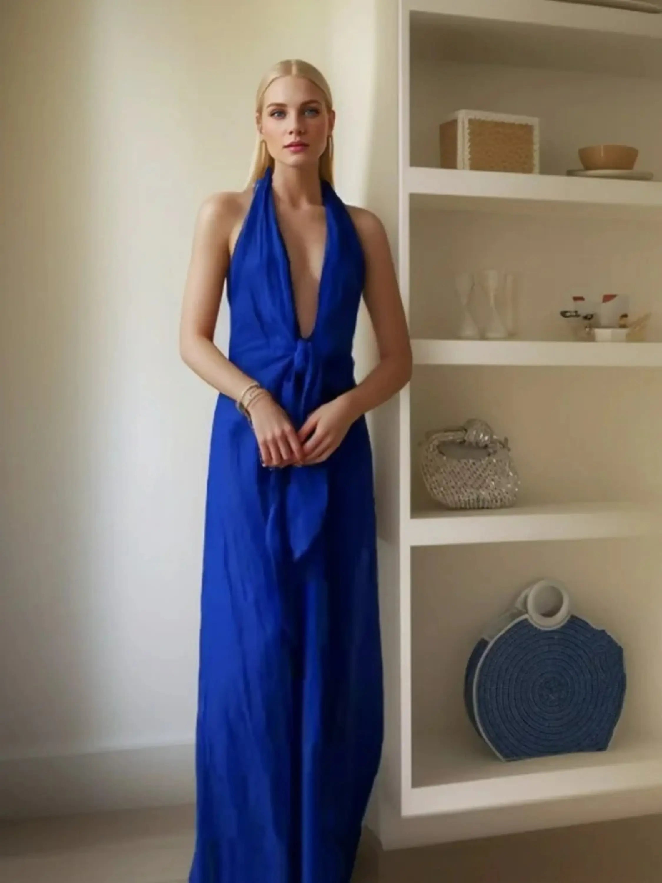 Vibrant Blue Halter Maxi Dress with Adjustable Tie Waist