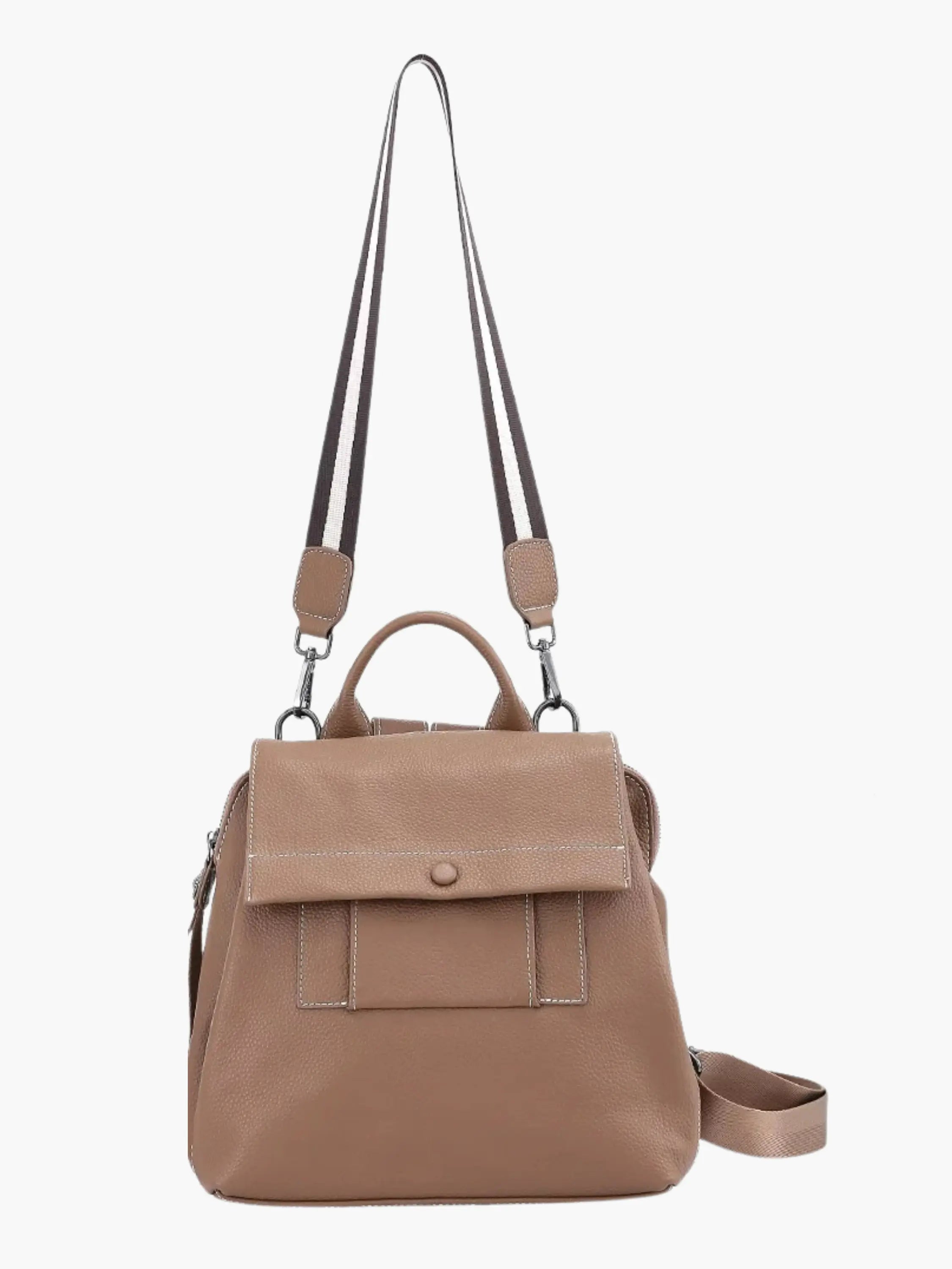 Taupe Faux Leather Backpack with Striped Straps
