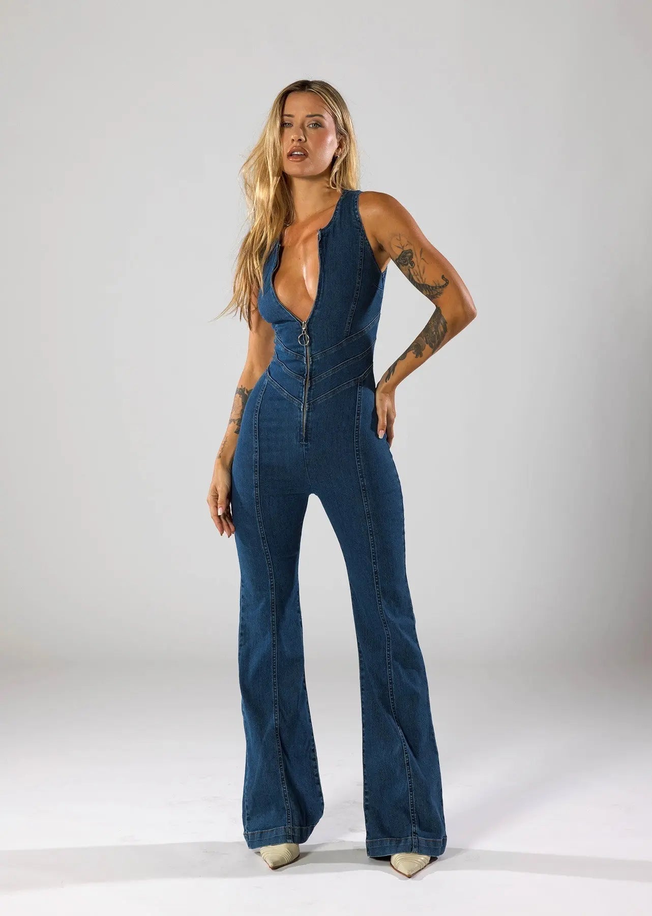 Vintage-Inspired Denim Jumpsuit with Deep V-Neck