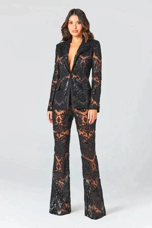 Sequined Lace Blazer and Pants Set