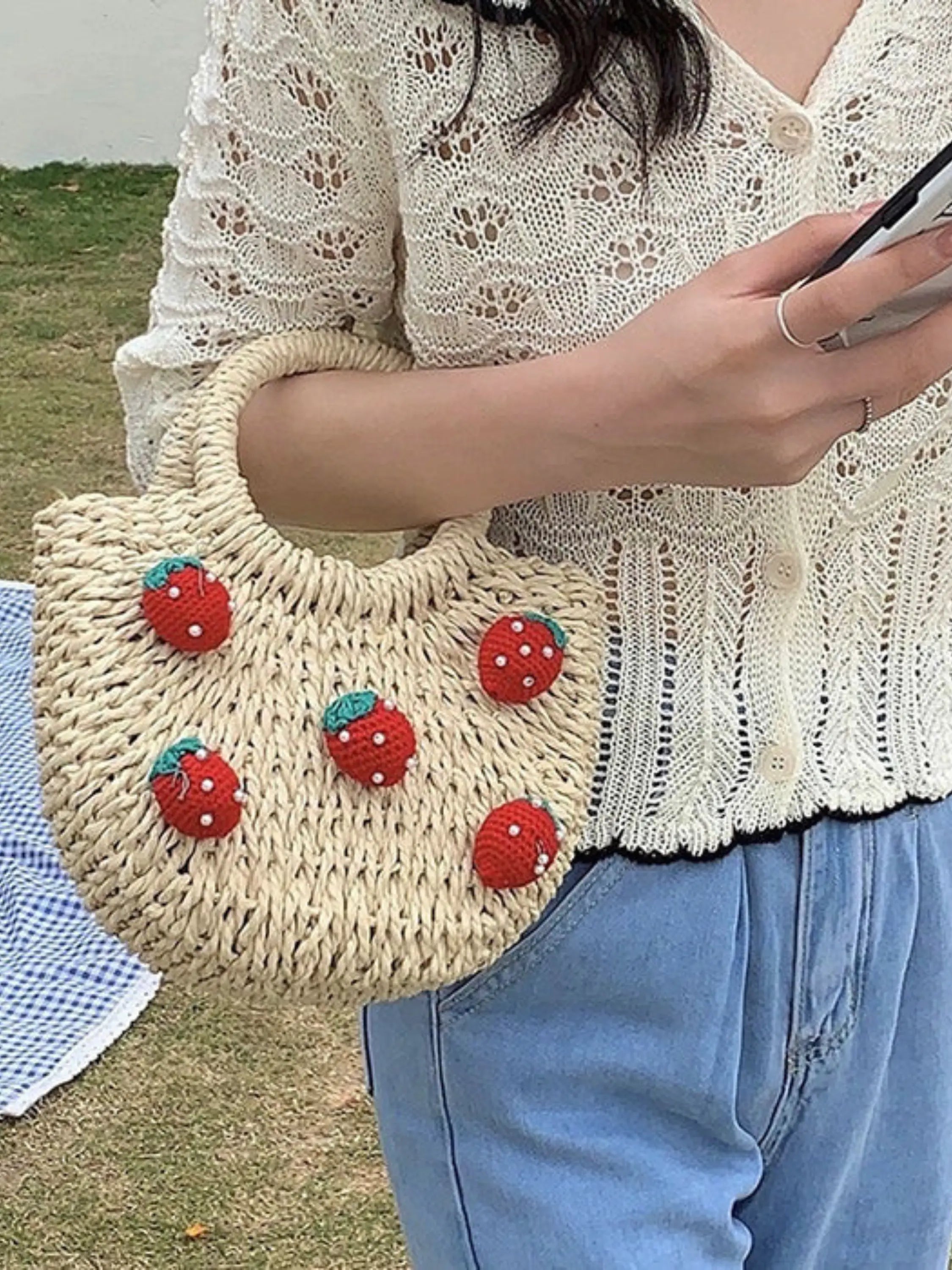 Handmade Straw Tote Bag with Crochet Strawberry Design