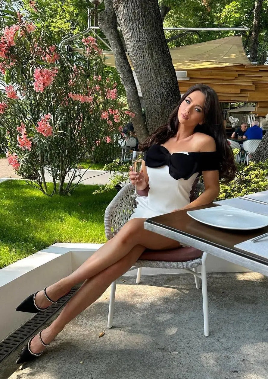 Off-Shoulder Mini Dress with Black Bow Accent