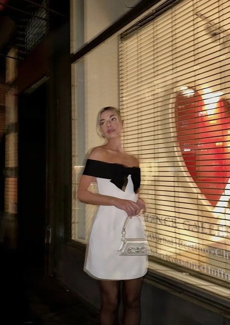 Off-Shoulder Mini Dress with Black Bow Accent