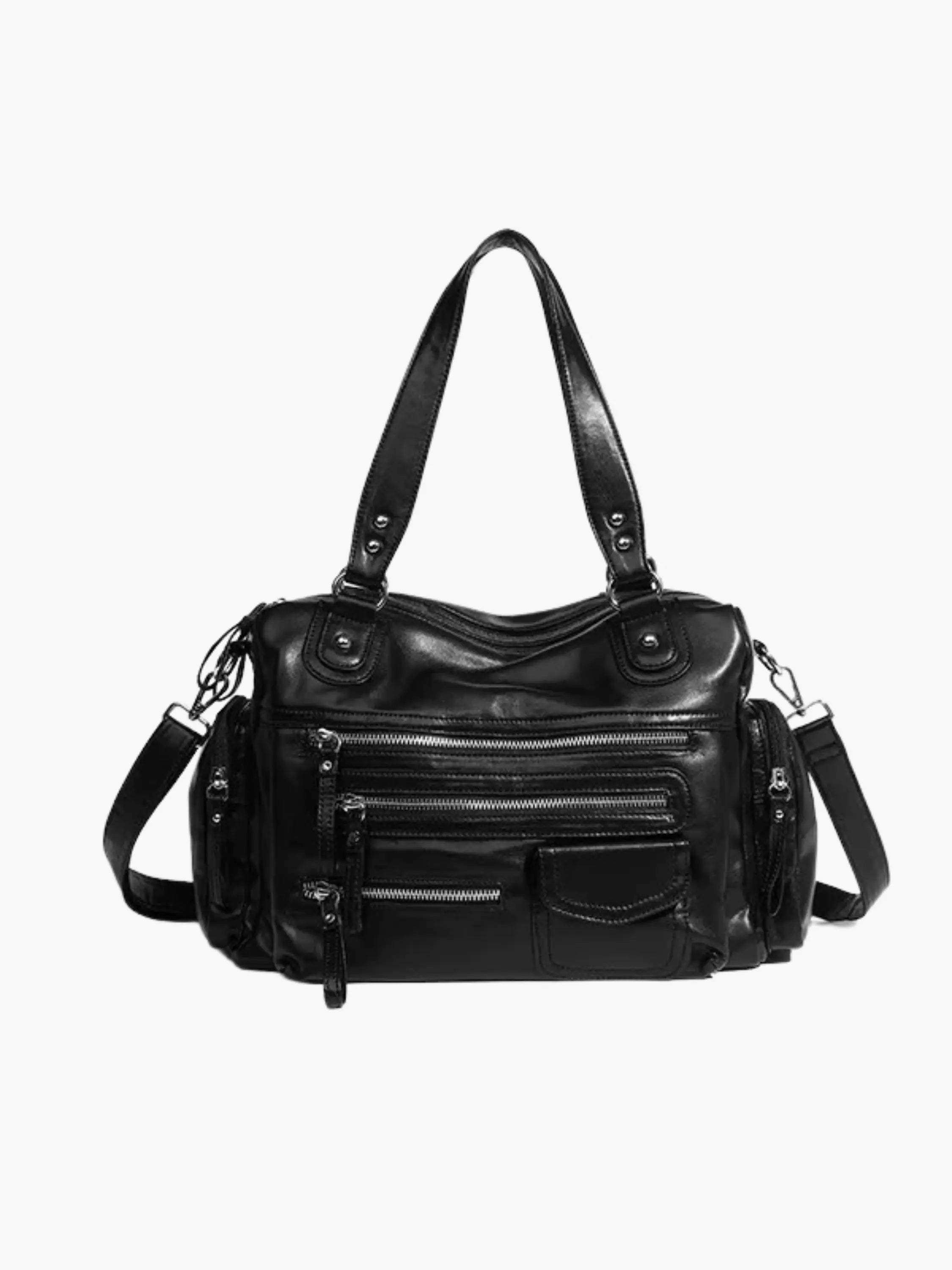 Black Multi-Pocket Leather Handbag