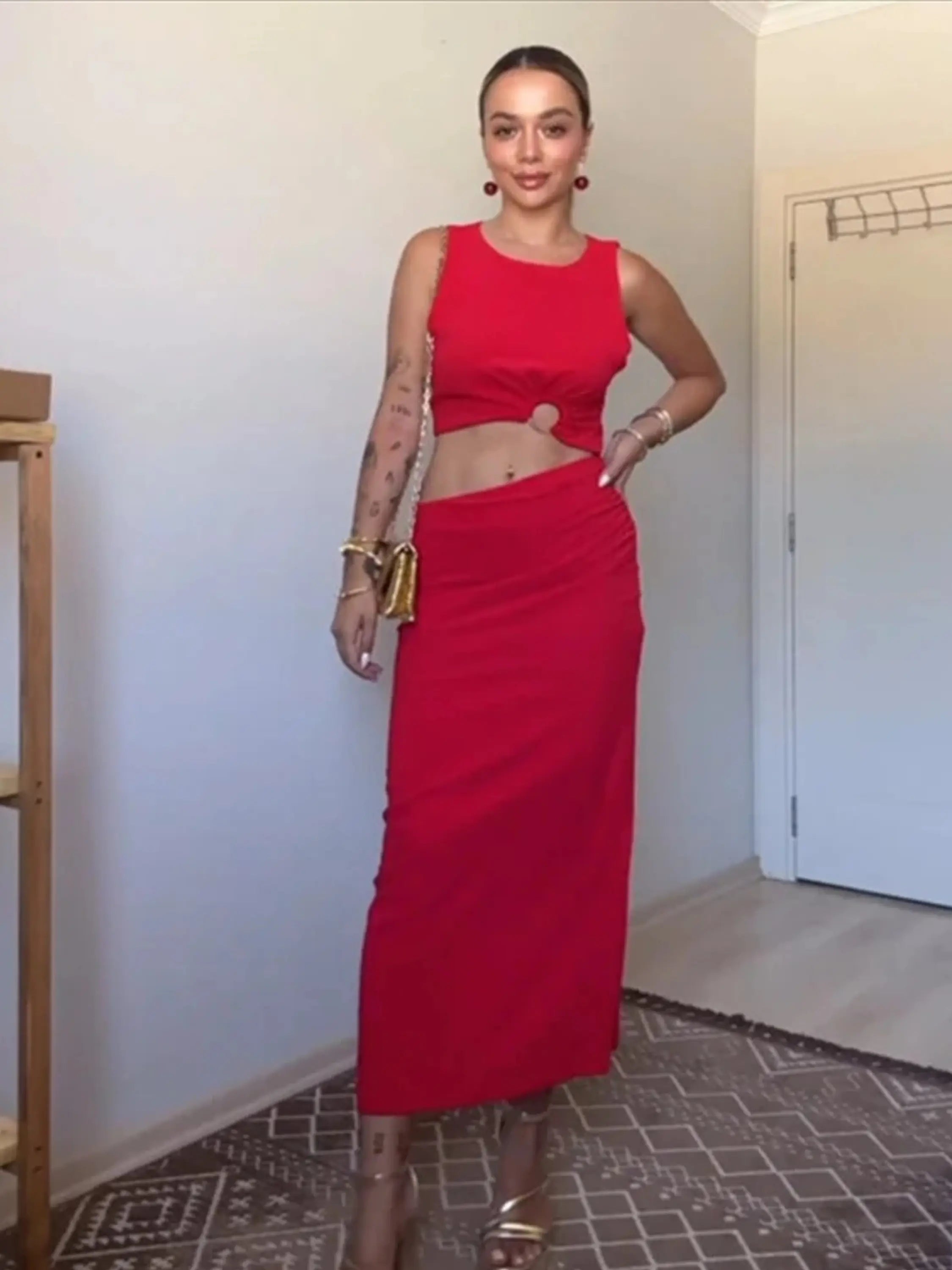 Bold Red Cut-Out Maxi Dress with Knot Detail and Sleek Silhouette