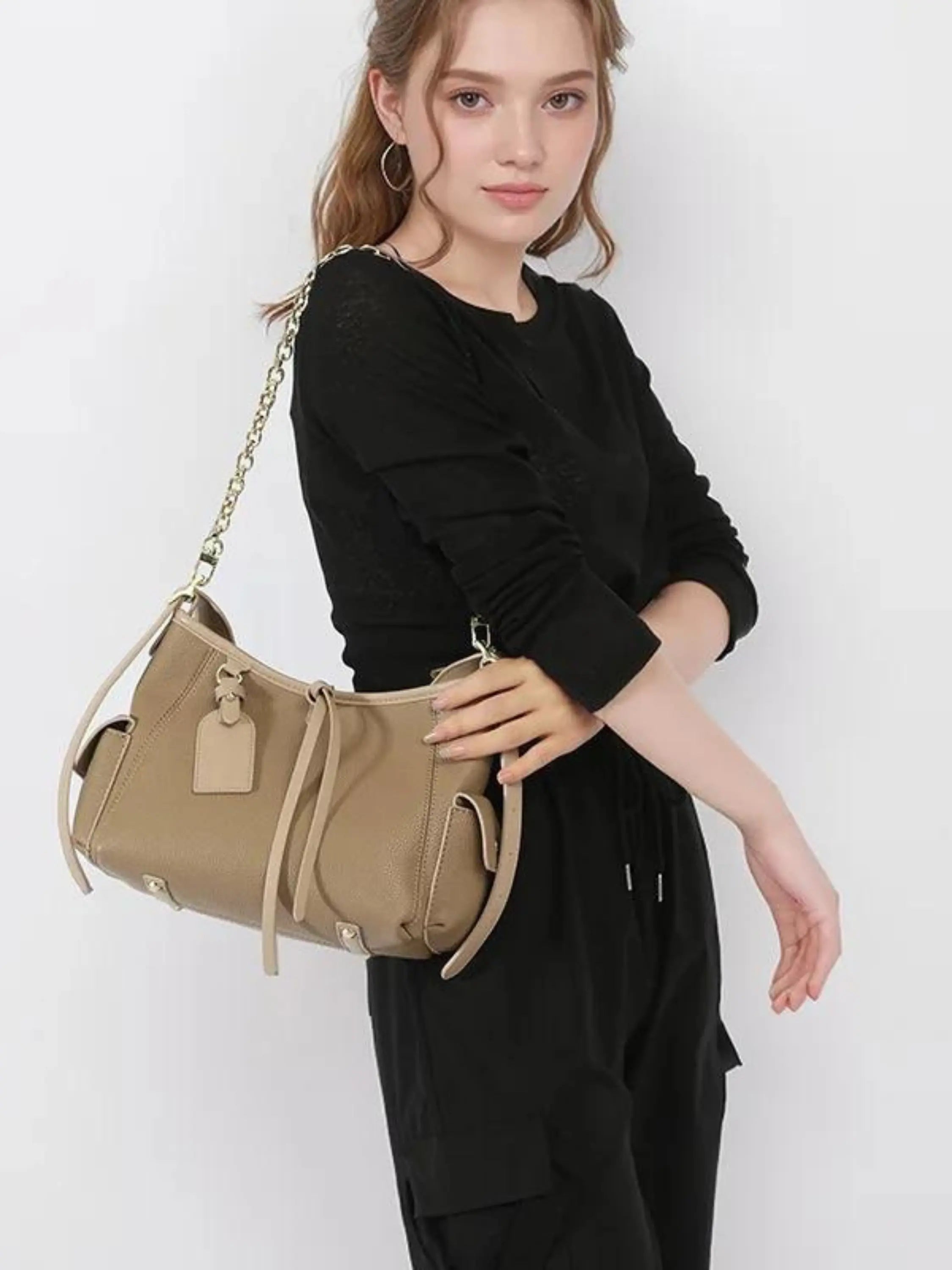 Black Leather Shoulder Bag with Chain Accent