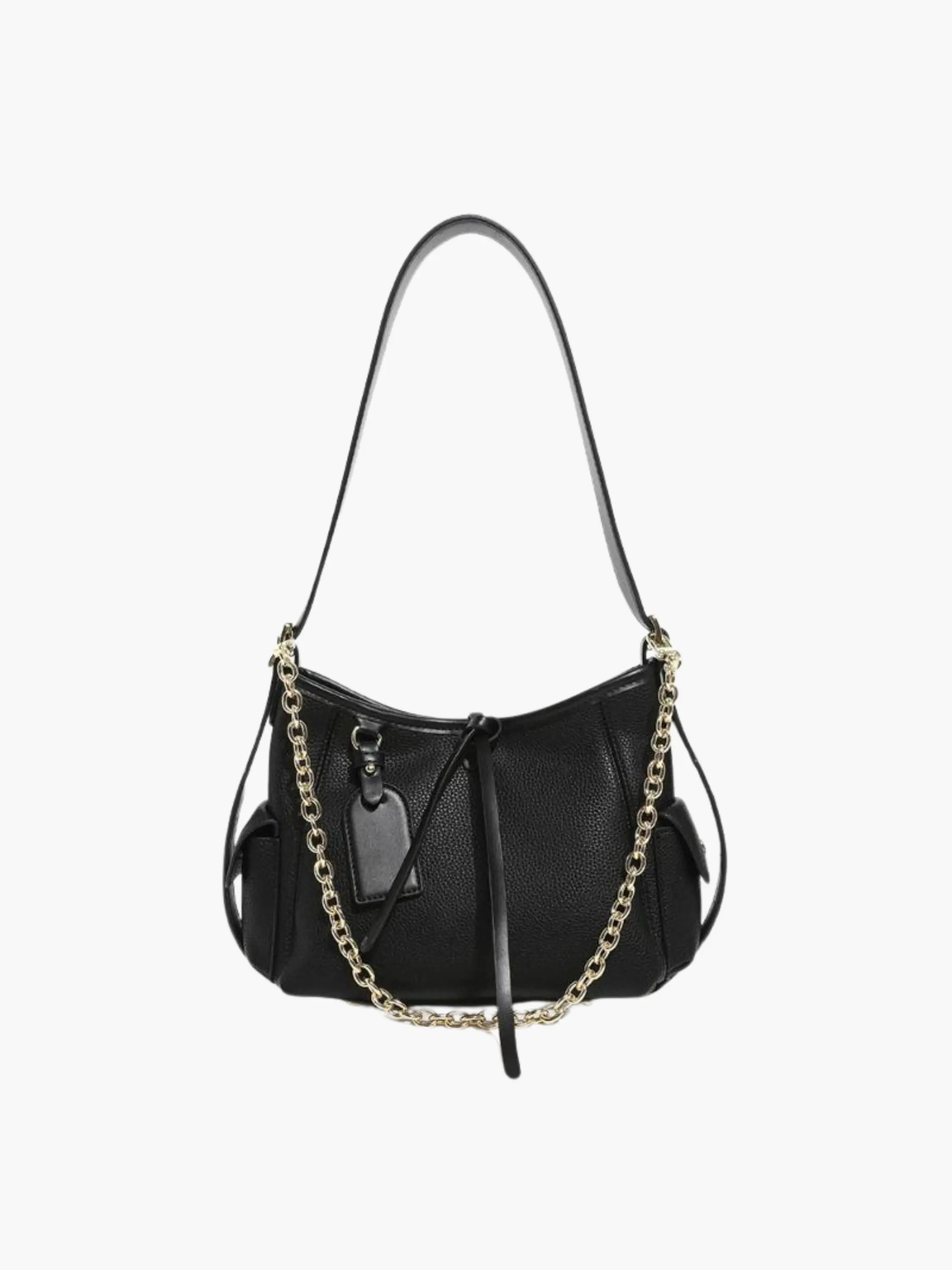 Black Leather Shoulder Bag with Chain Accent