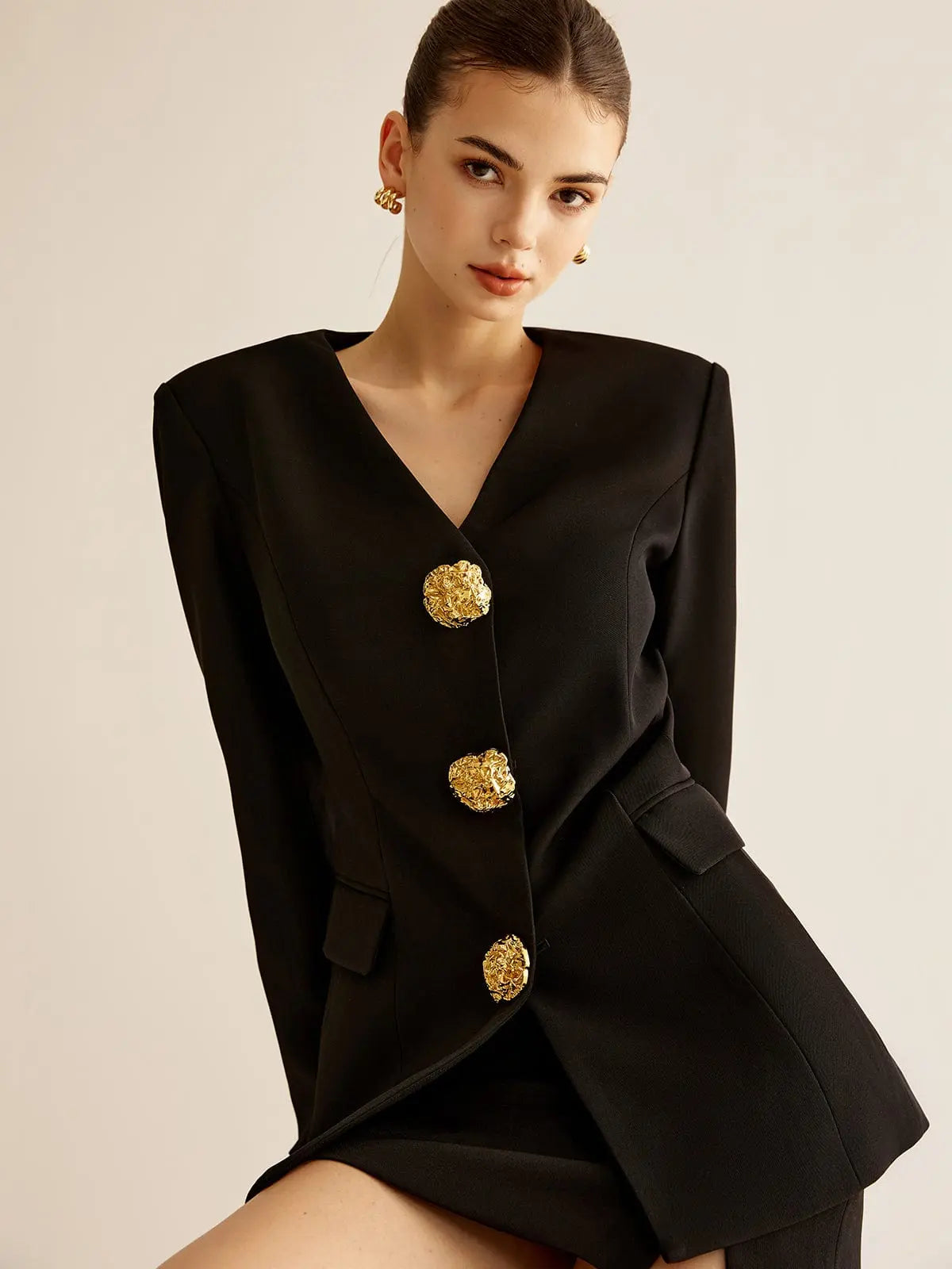 Black Blazer Dress with Gold Buttons