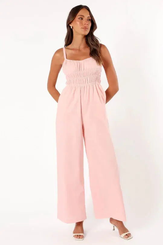 Wide-Leg Jumpsuit with Smocked Bodice
