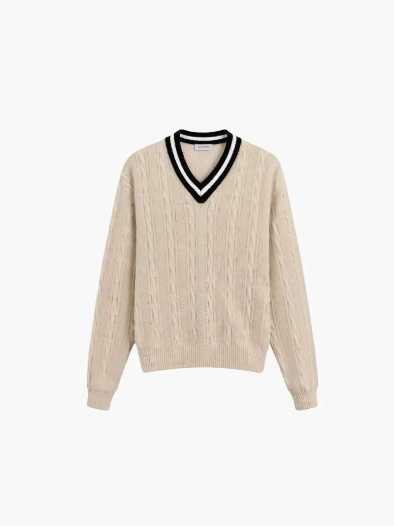 Preppy Cable Knit V-Neck Sweater