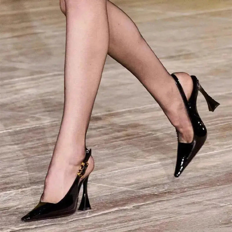 Glossy Pointed-Toe Slingback Heels