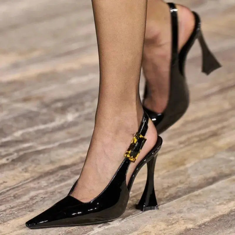 Glossy Pointed-Toe Slingback Heels
