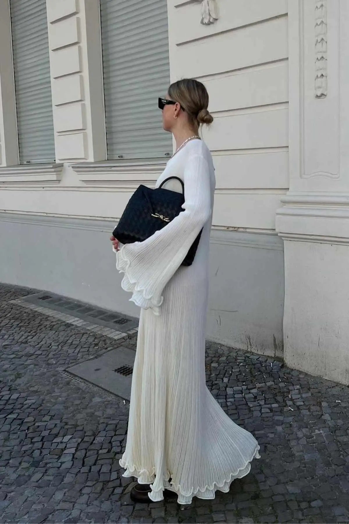 Ruffle Sleeve Ribbed Maxi Dress