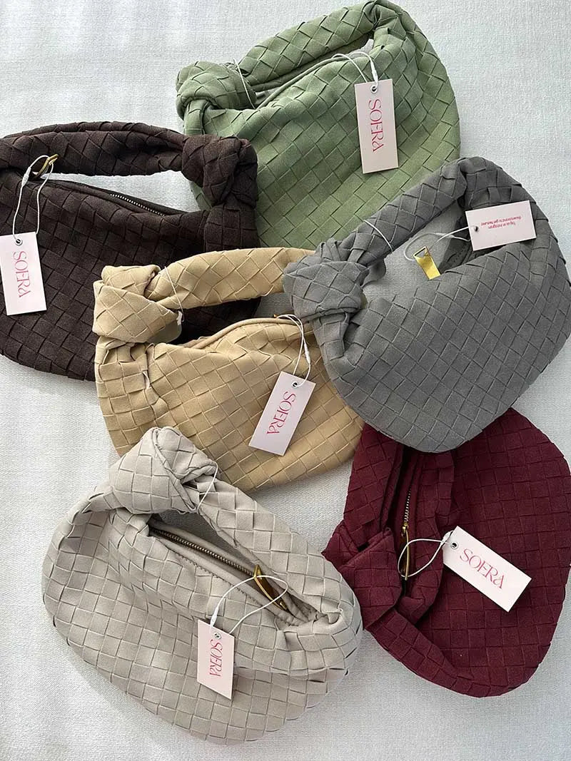 Woven Suede Mini Knot Bag in Chocolate Brown