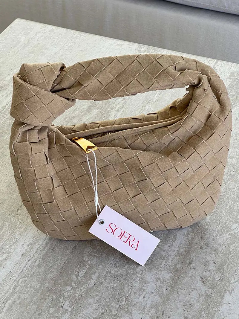 Woven Suede Mini Knot Bag in Chocolate Brown