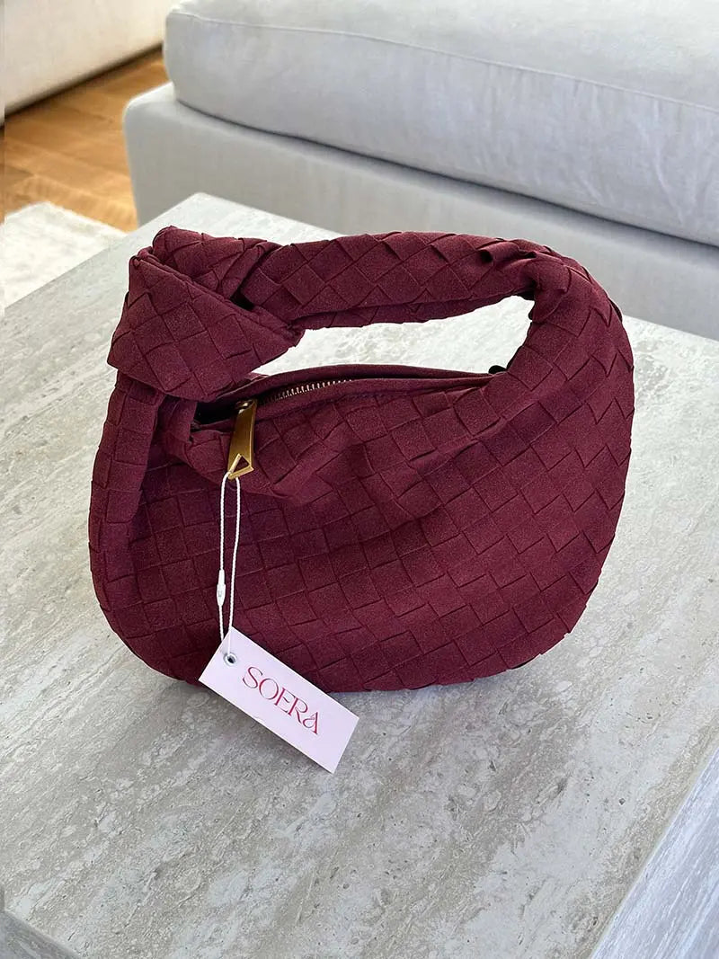 Woven Suede Mini Knot Bag in Chocolate Brown