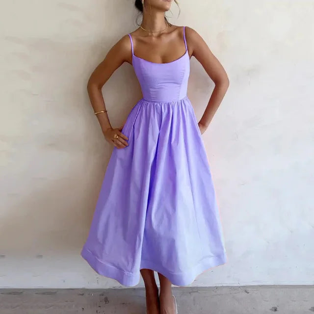 Women’s A-Line Midi Summer Dress – Spaghetti Strap Flowy Sundress