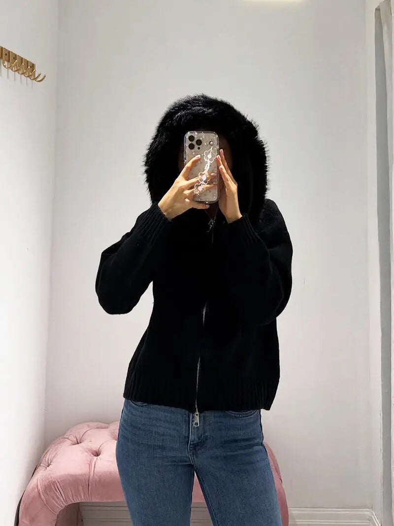 Knitted Hooded Jacket with Faux Fur Trim