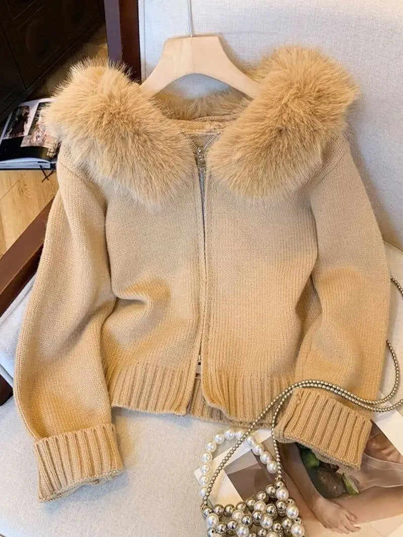 Knitted Hooded Jacket with Faux Fur Trim