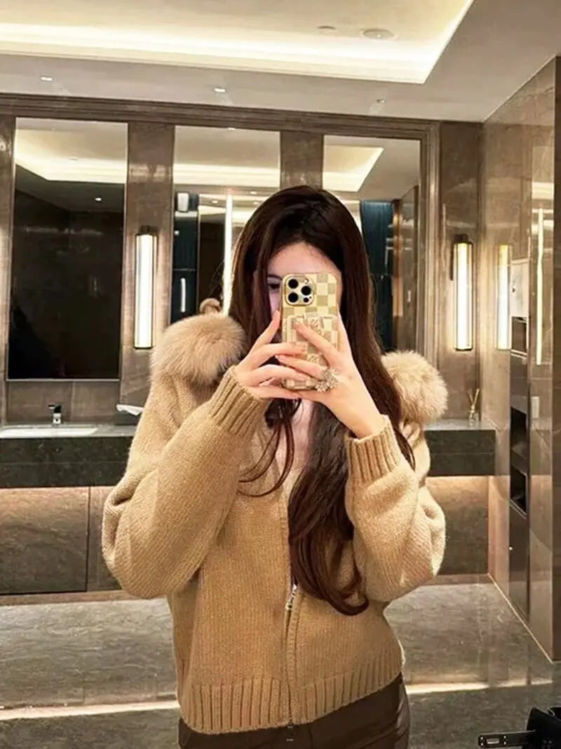 Knitted Hooded Jacket with Faux Fur Trim