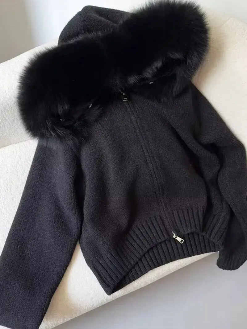 Knitted Hooded Jacket with Faux Fur Trim
