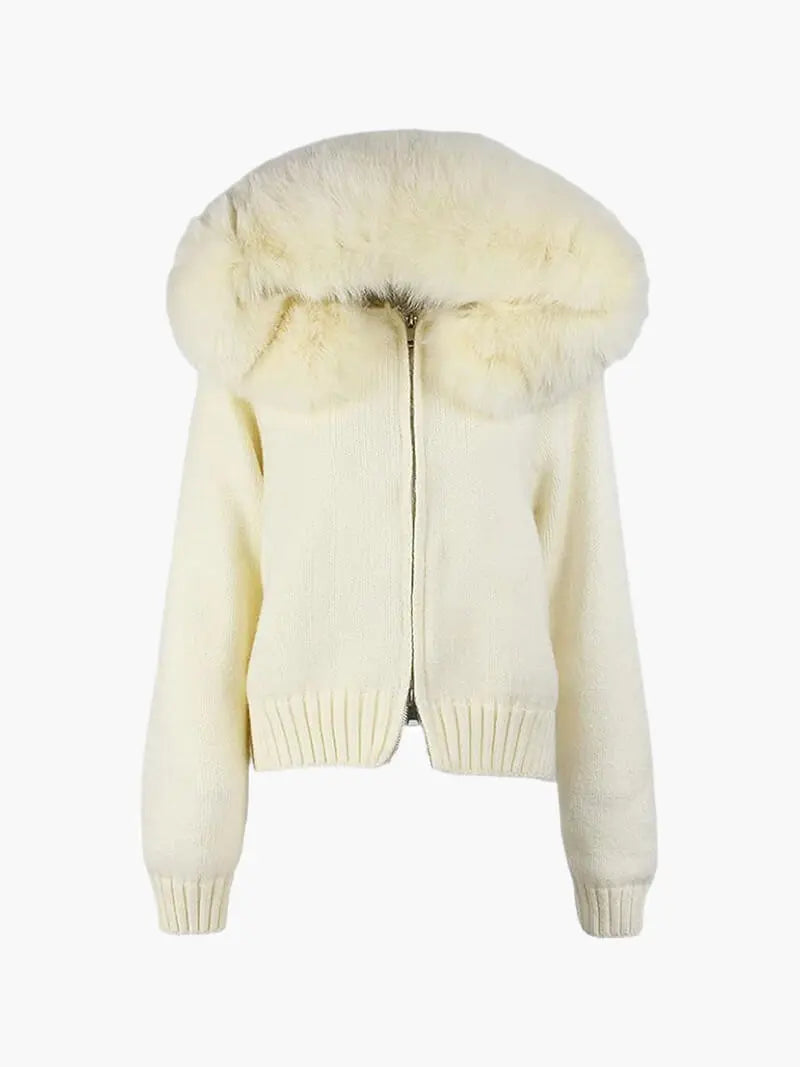 Knitted Hooded Jacket with Faux Fur Trim