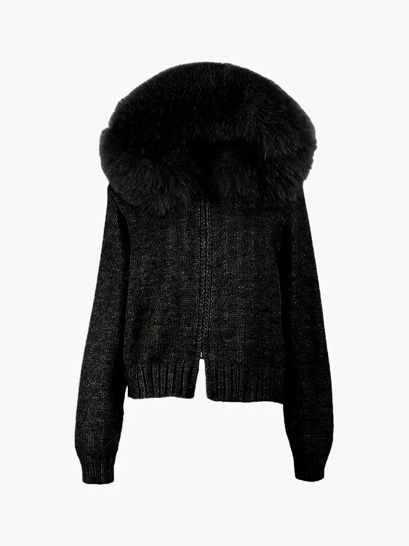 Knitted Hooded Jacket with Faux Fur Trim