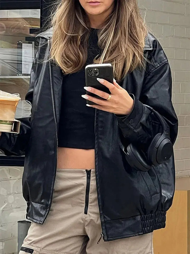 Classic Faux Leather Zip-Up Jacket