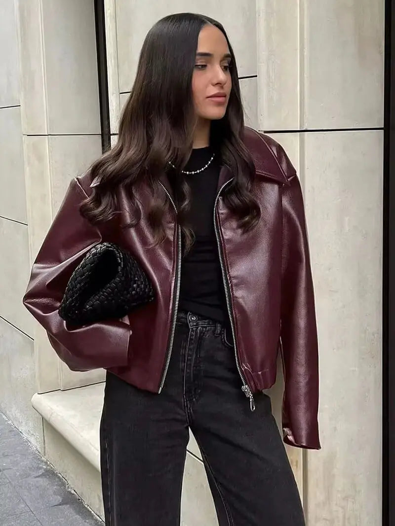 Classic Burgundy Faux Leather Jacket