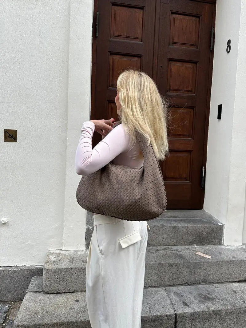 Woven Suede Hobo Bag – Bohemian Chic in Taupe