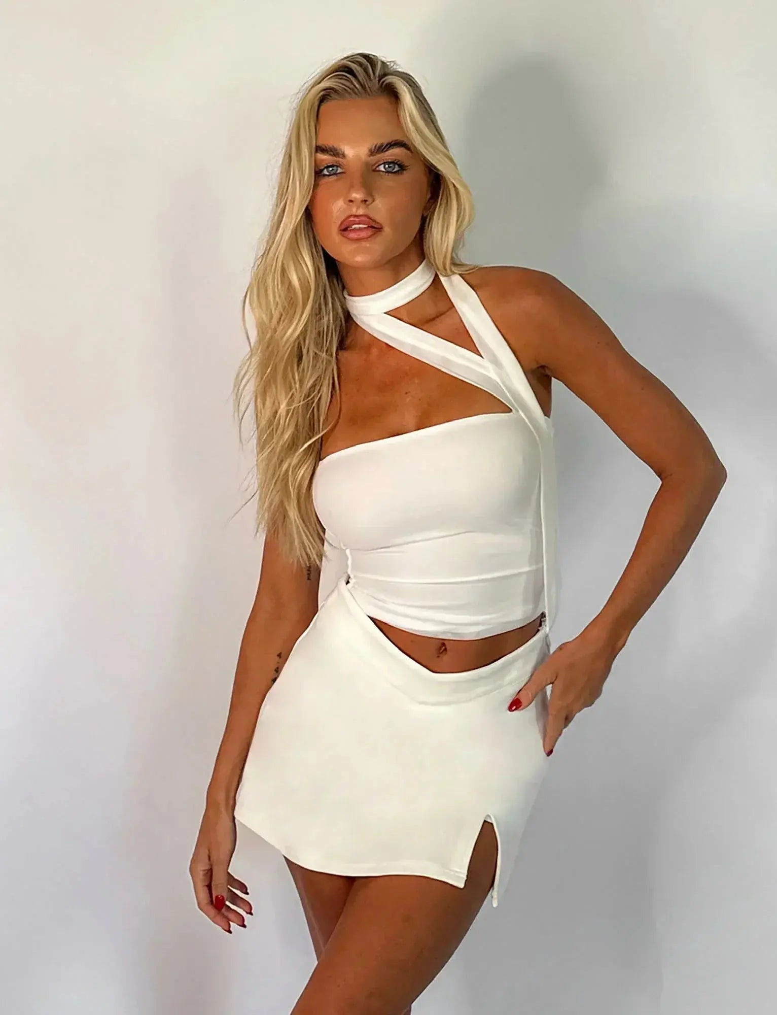 Strapless White Crop Top with Neck Scarf