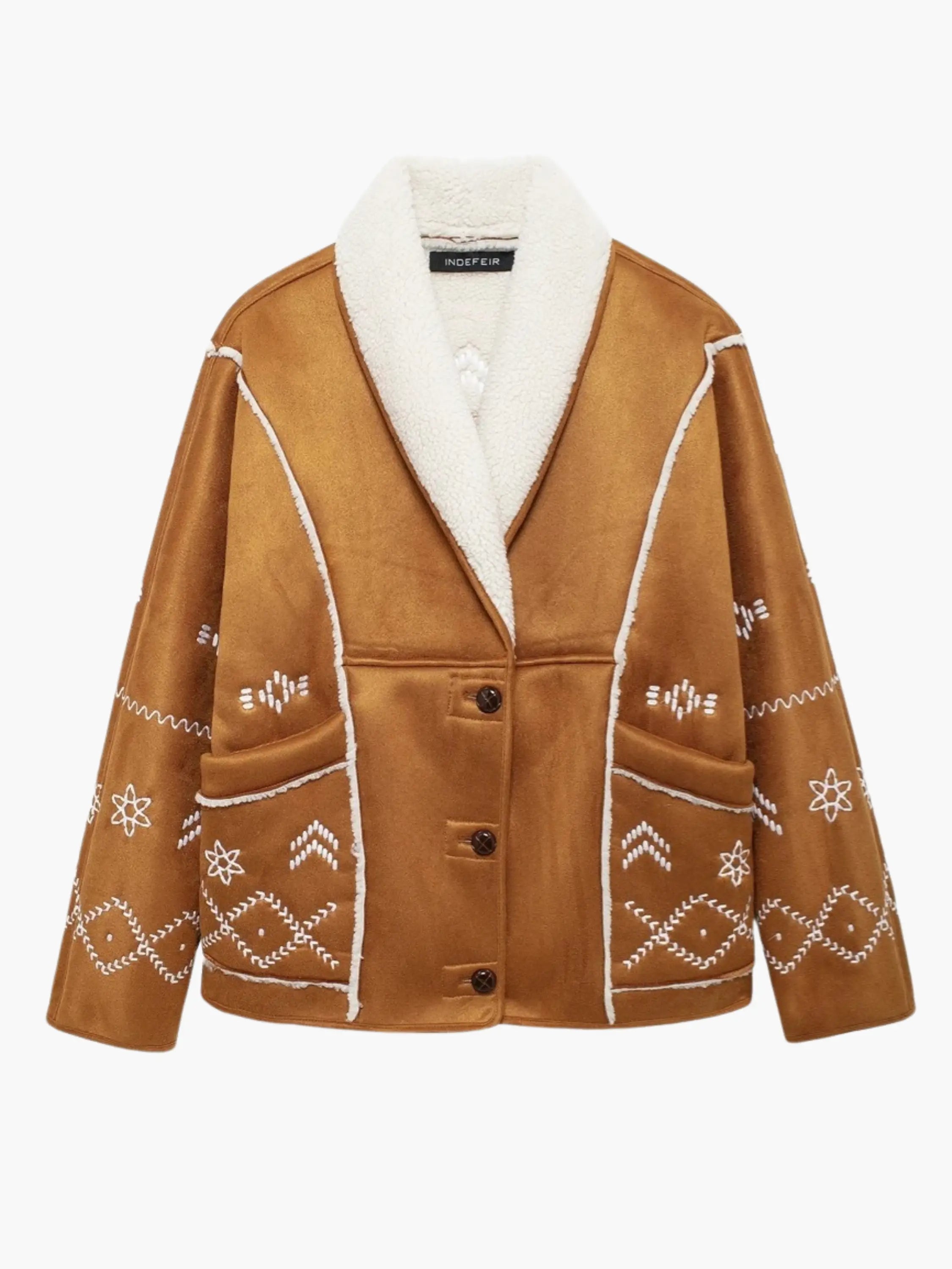 Embroidered Faux Suede Jacket with Shearling Collar