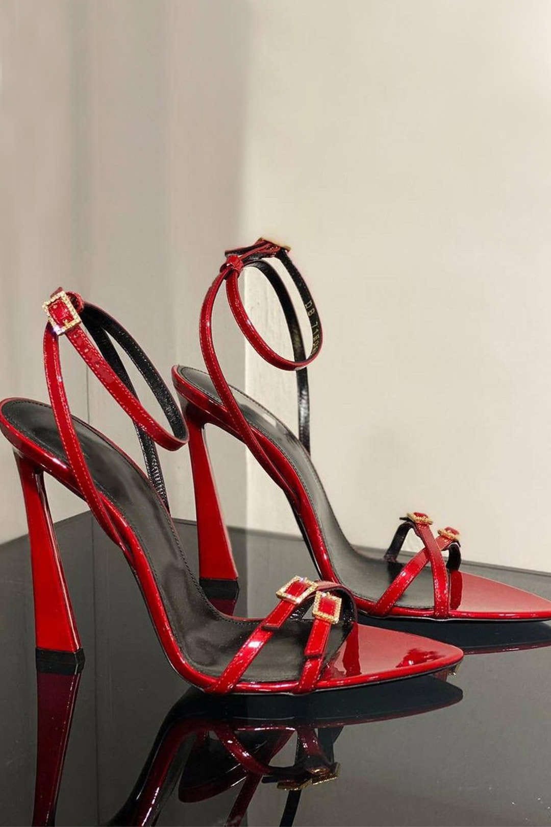 Olive | Patent Leather Strap Heels with Gold Buckle Accents