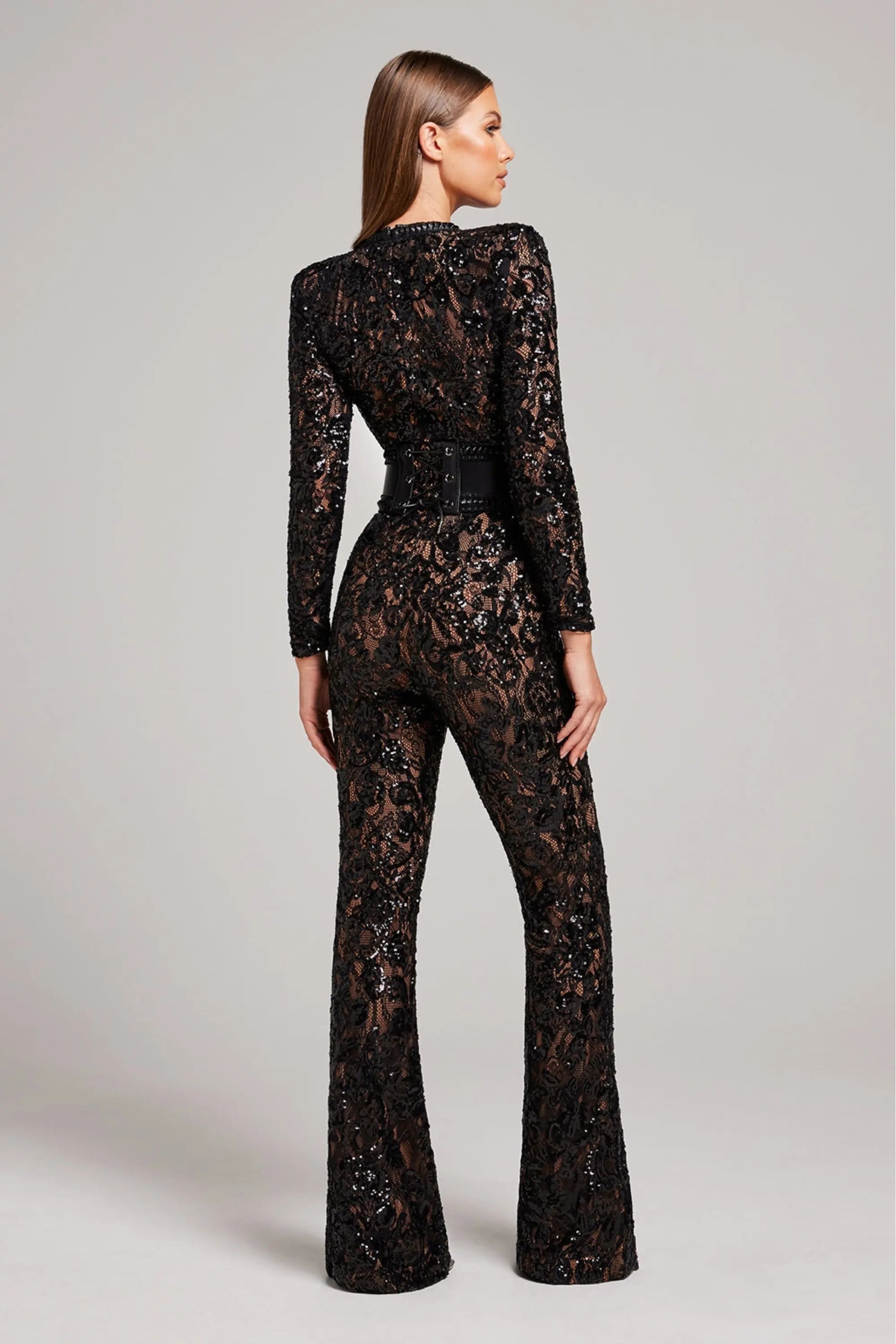 Glamorous Black Sequin Jumpsuit with Belted Waist