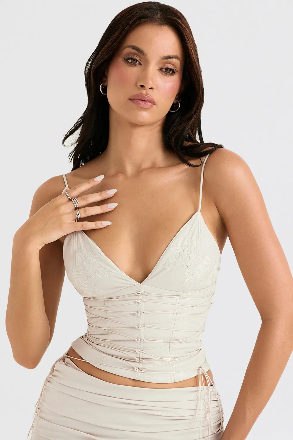 Elegant Two-Piece Set with Ruched Crop Top and High-Slit Maxi Skirt