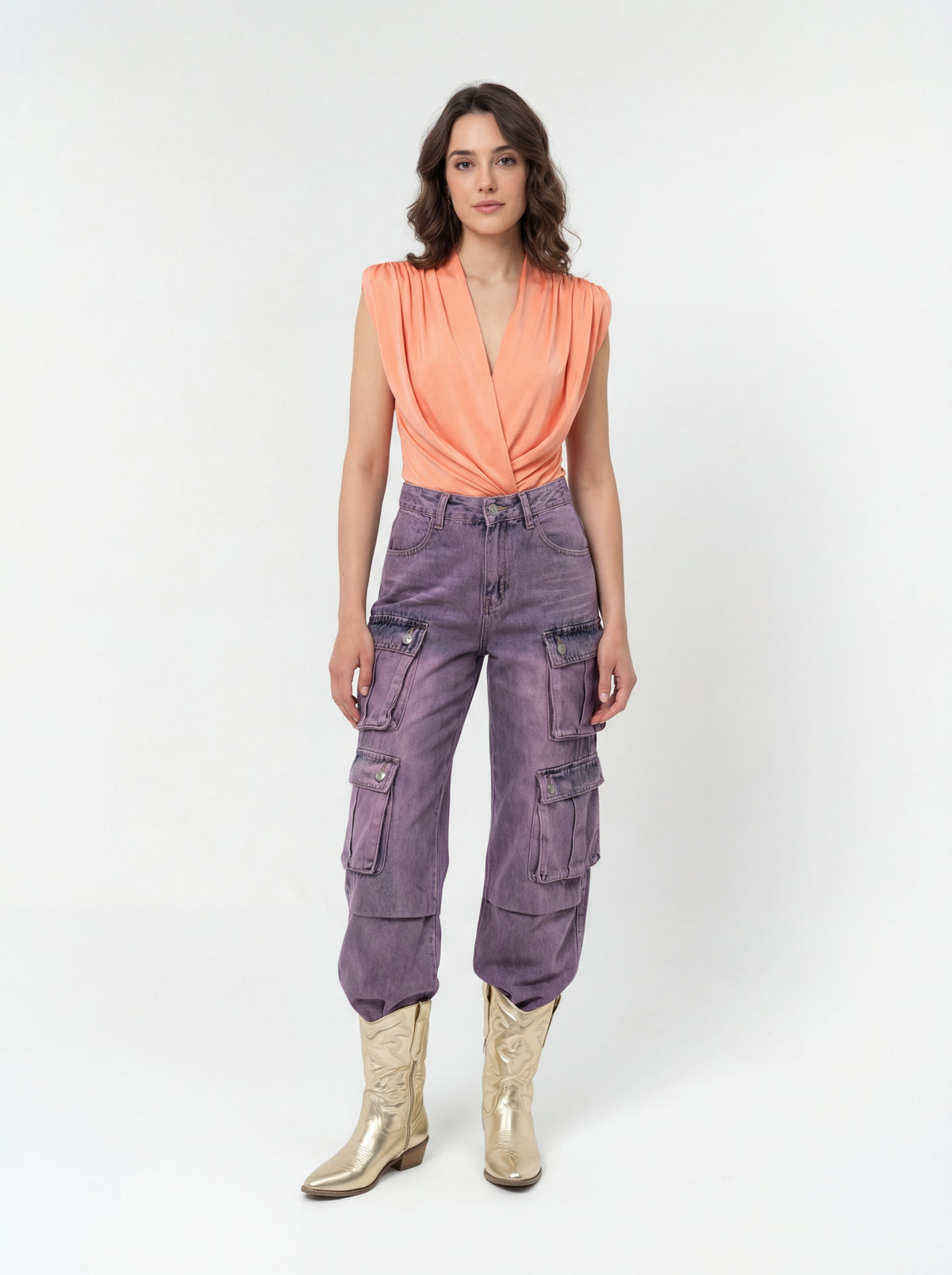 Metallic Western Ankle + Sleeveless Bodysuit + Trendy Purple Cargo - 06