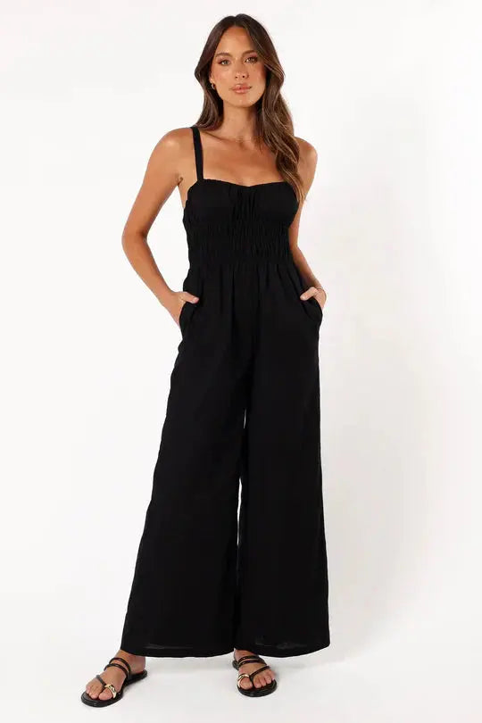 Wide-Leg Jumpsuit with Smocked Bodice