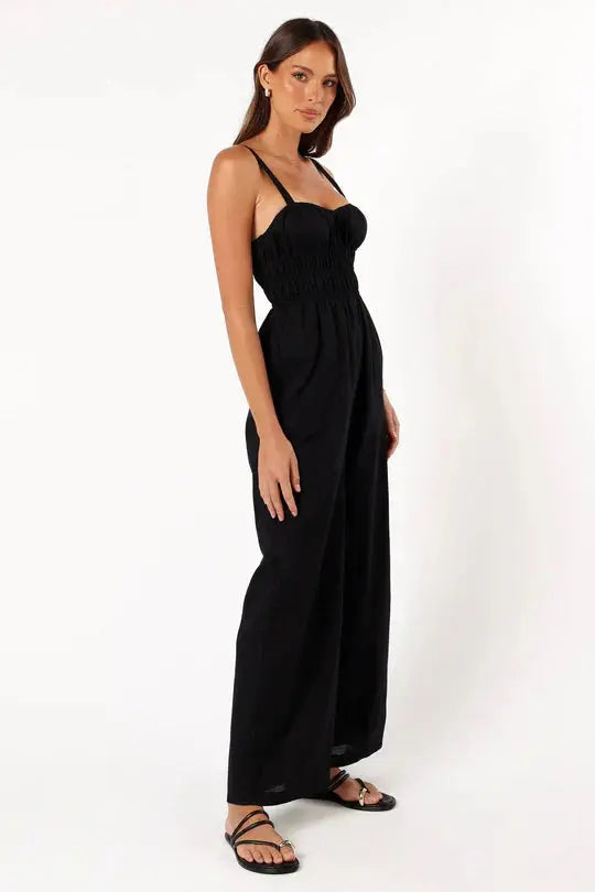 Wide-Leg Jumpsuit with Smocked Bodice