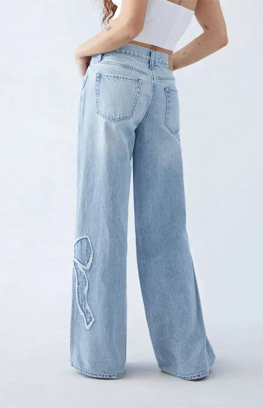 Light Wash Wide-Leg Jeans with Distressed Heart Detail