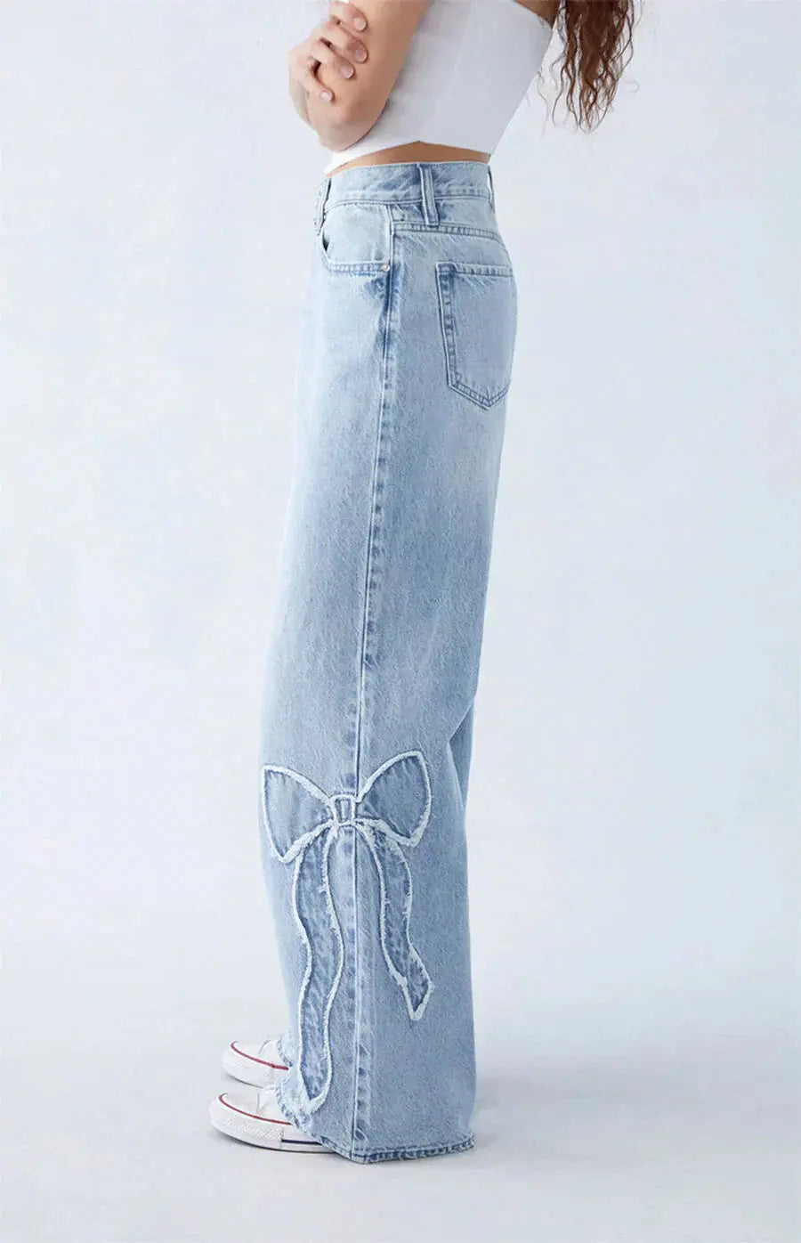 Light Wash Wide-Leg Jeans with Distressed Heart Detail
